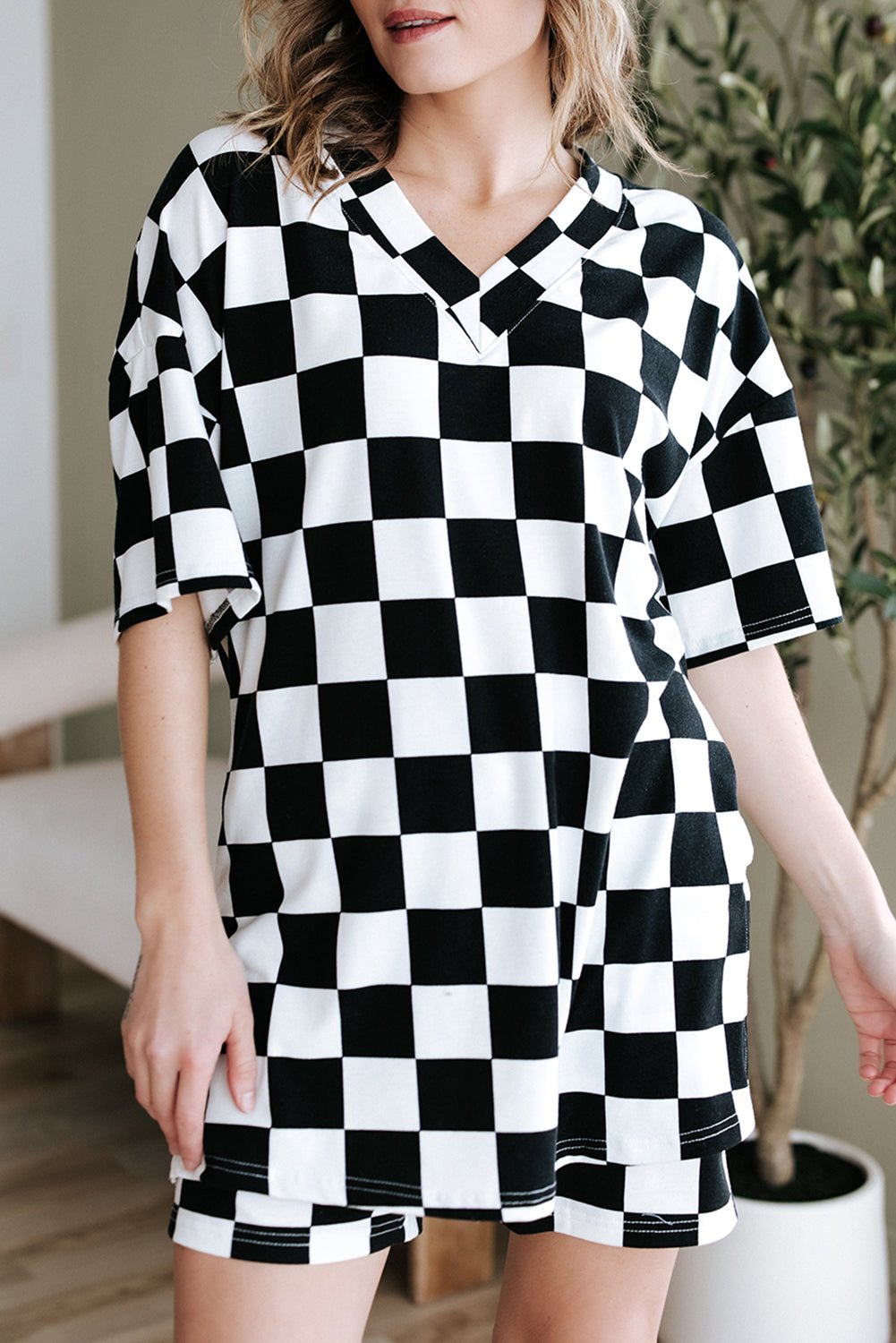 Black Checkerboard Print V Neck Loose Tee and Shorts Lounge Set - Chaelisa's New Jammies