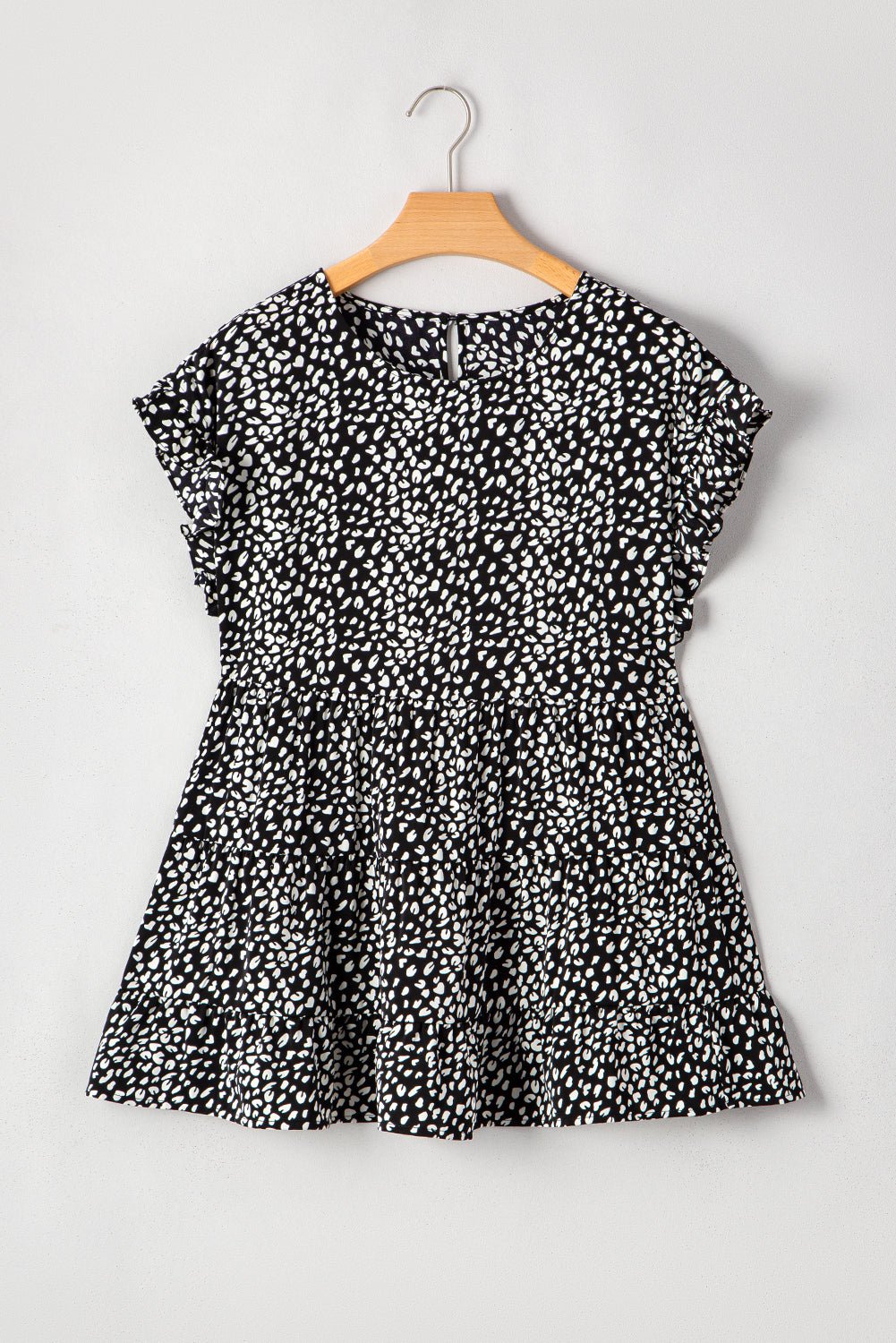 Black Leopard Print Ruffled Short Sleeve Keyhole Back Tiered Flowy Plus Size Blouse - Chaelisa's New Jammies