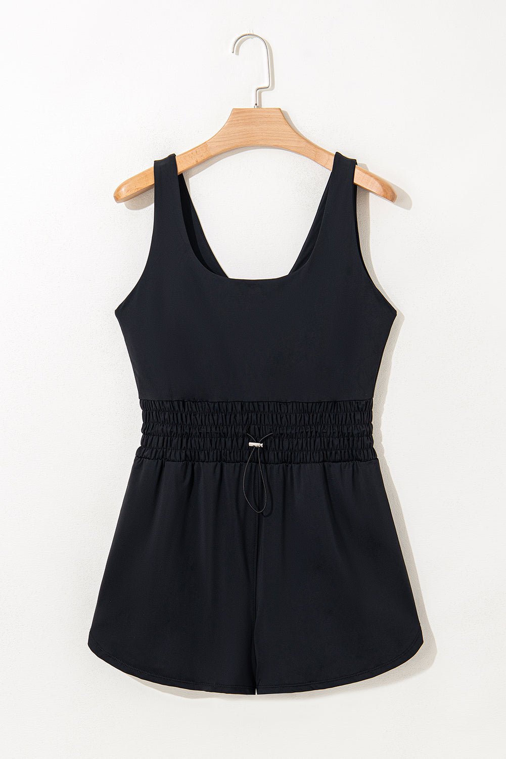 Black Plain Sleeveless Loop Drawstring Cinched Waist Romper - Chaelisa's New Jammies