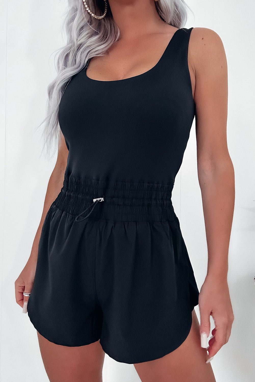 Black Plain Sleeveless Loop Drawstring Cinched Waist Romper - Chaelisa's New Jammies