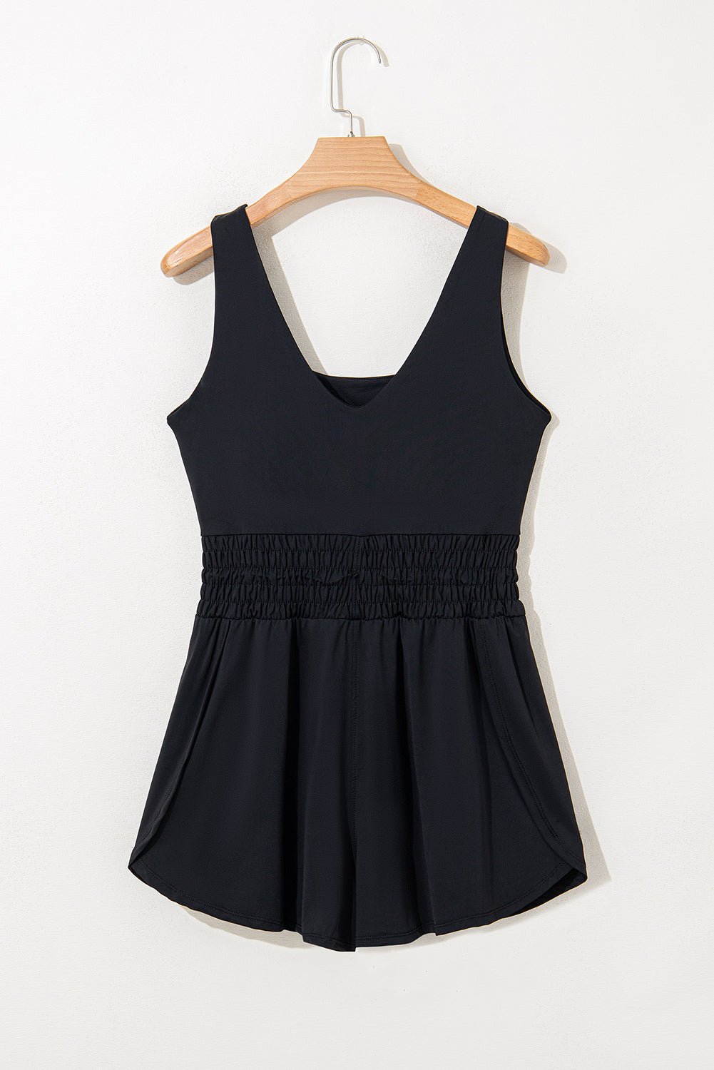 Black Plain Sleeveless Loop Drawstring Cinched Waist Romper - Chaelisa's New Jammies