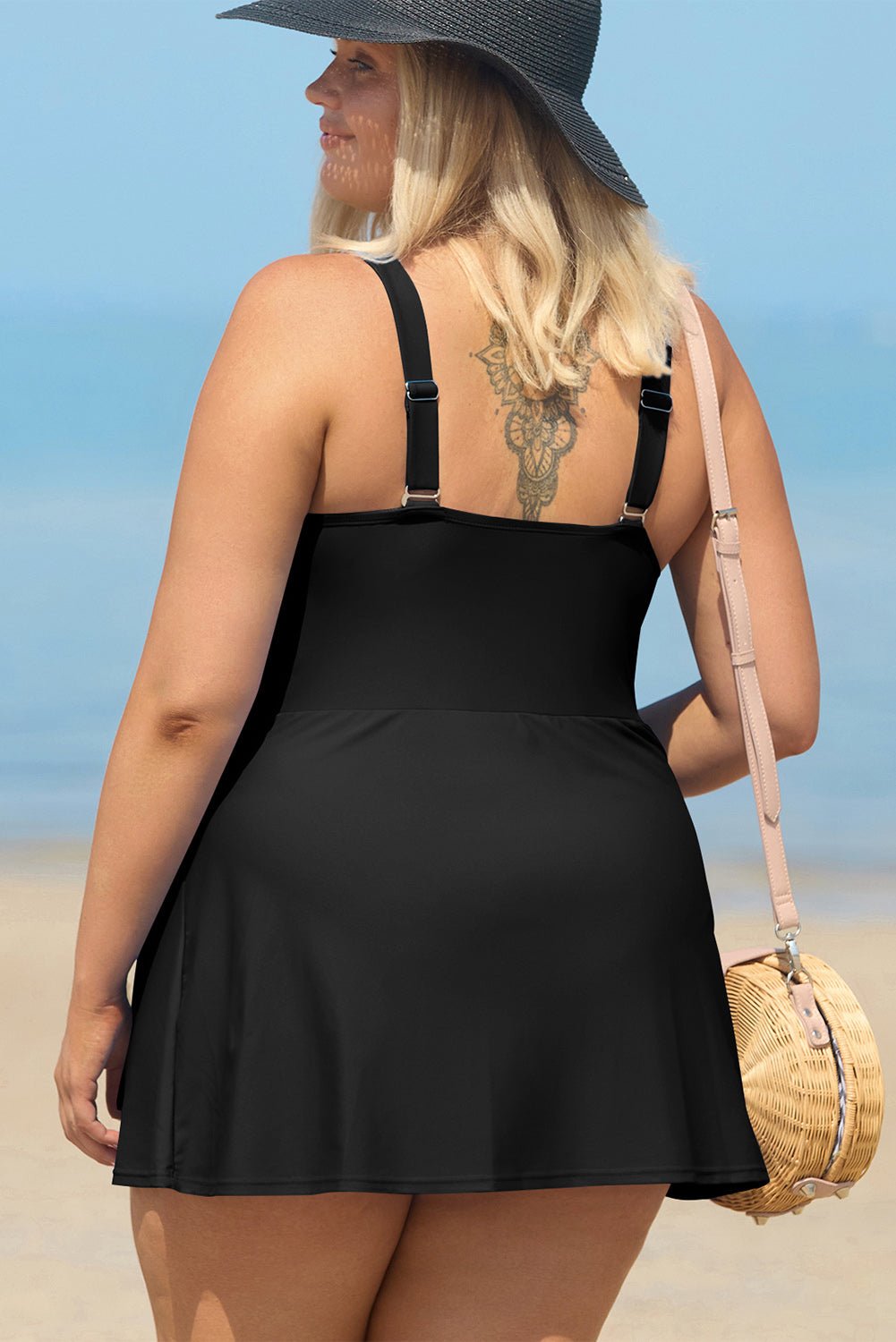 Black Solid Color Square Neck Knotted Plus Size One Piece Swimsuit - Chaelisa's New Jammies