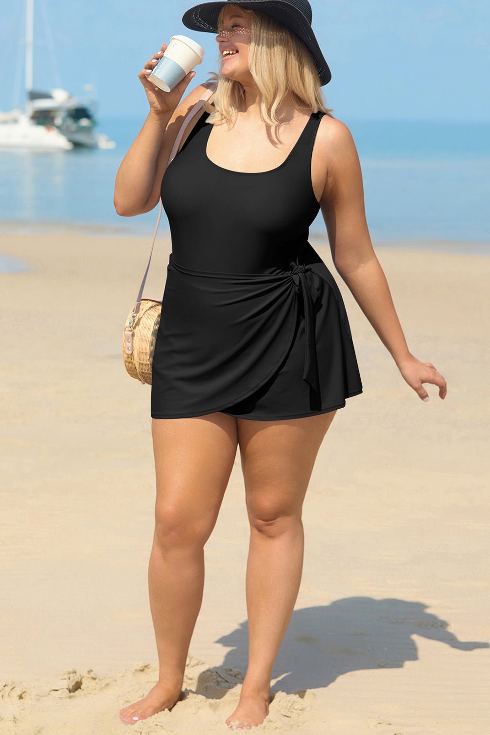 Black Solid Color Square Neck Knotted Plus Size One Piece Swimsuit - Chaelisa's New Jammies