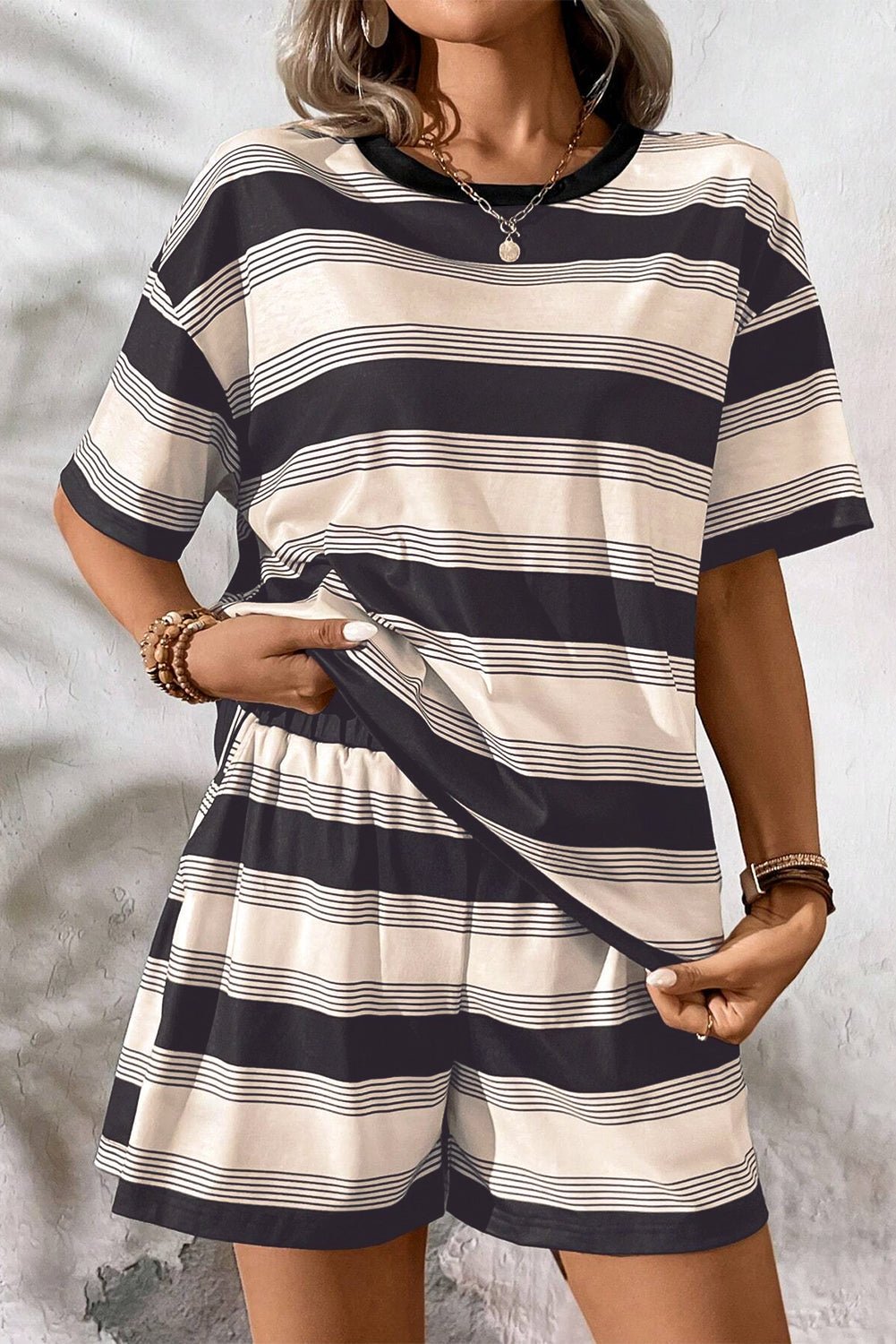 Black Stripe Short Sleeve T Shirt and High Waist Pocketed Shorts Set - Chaelisa's New Jammies