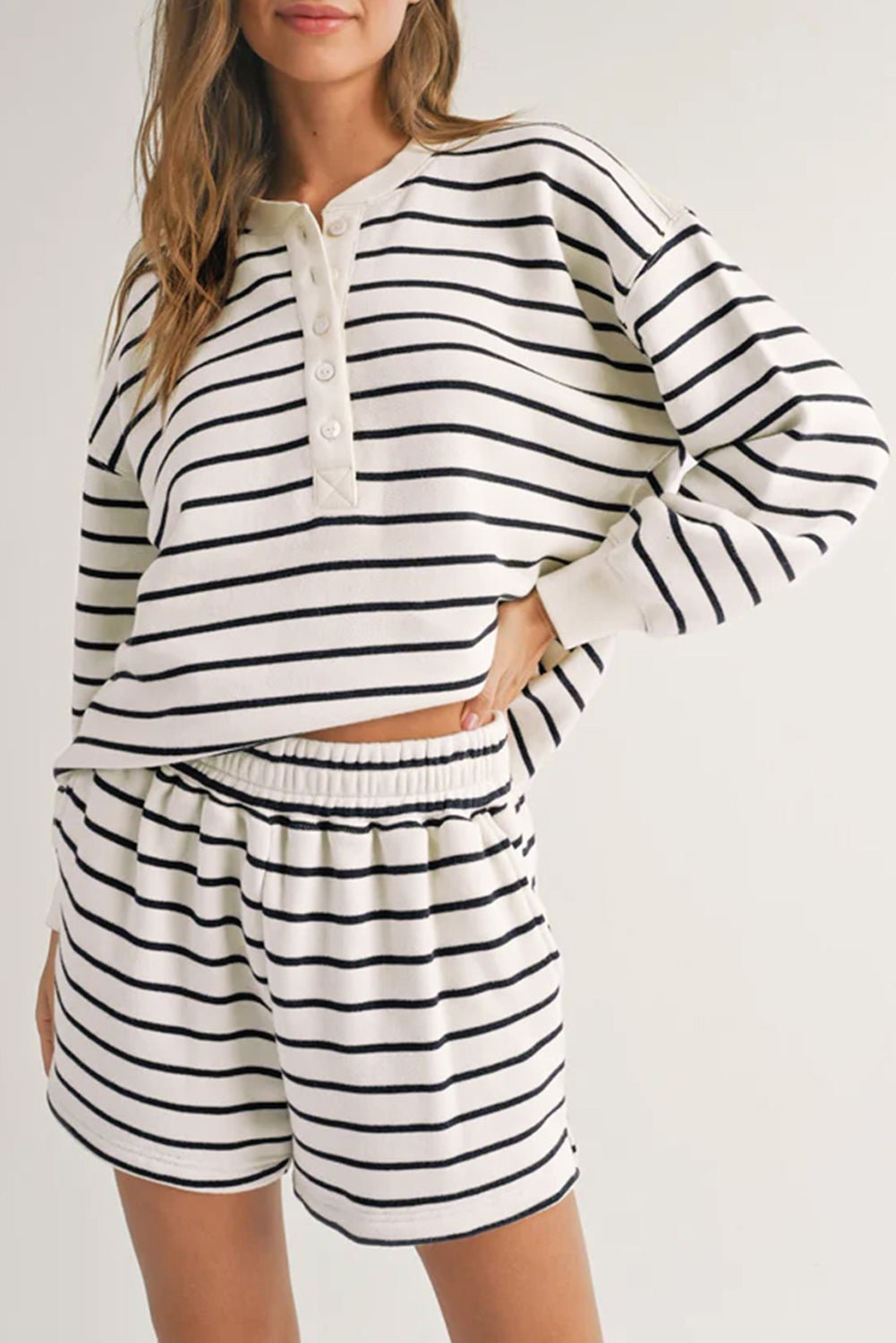 Black white Stripes Printed Half Button Long Sleeve Top and Shorts Set - Chaelisa's New Jammies