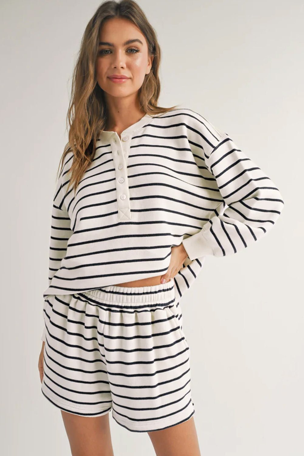 Black white Stripes Printed Half Button Long Sleeve Top and Shorts Set - Chaelisa's New Jammies