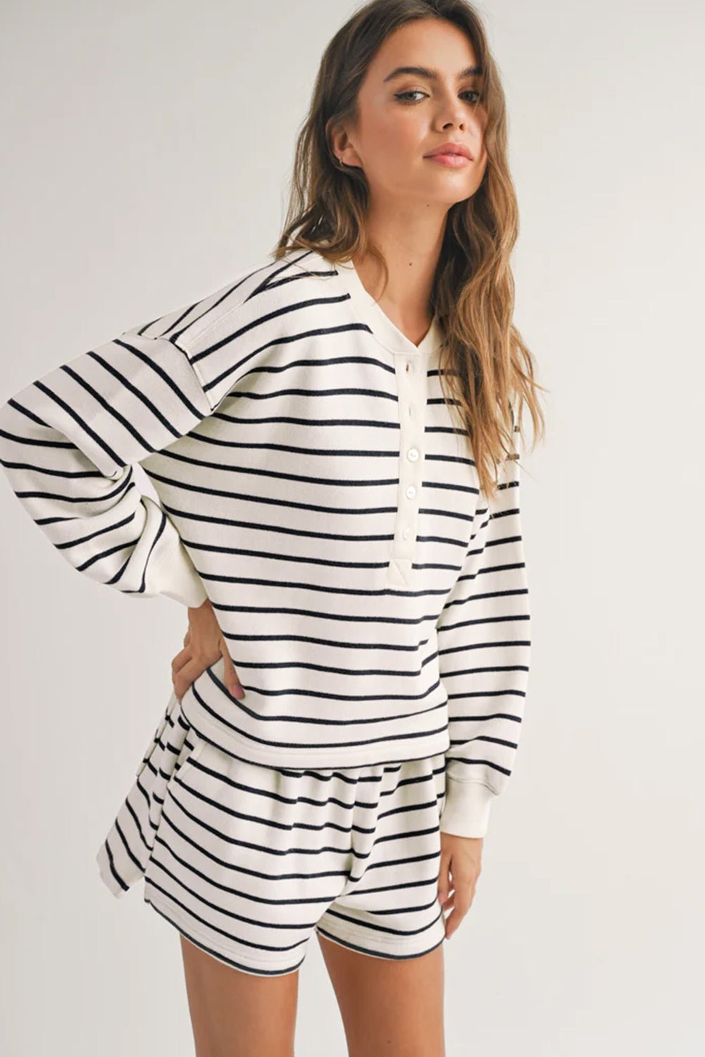 Black white Stripes Printed Half Button Long Sleeve Top and Shorts Set - Chaelisa's New Jammies