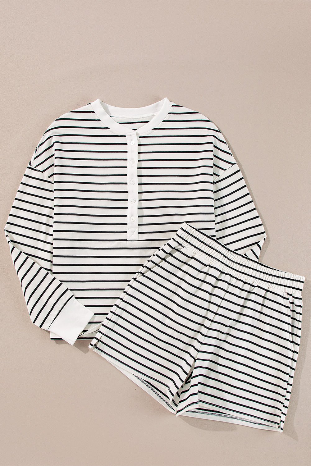 Black white Stripes Printed Half Button Long Sleeve Top and Shorts Set - Chaelisa's New Jammies
