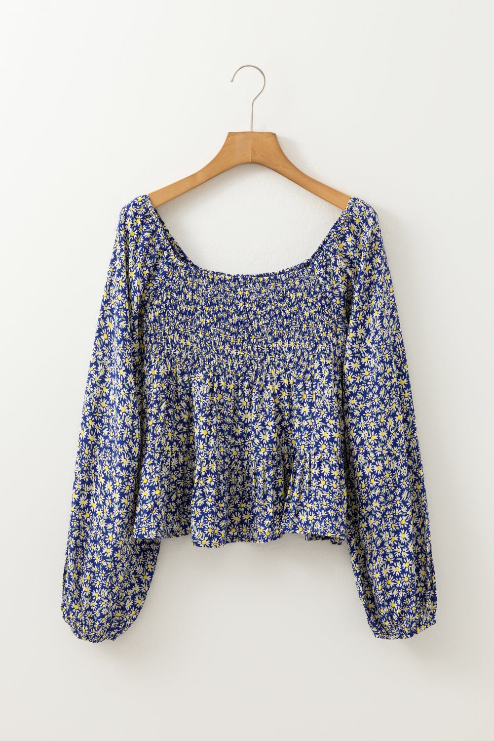 Blue Boho Floral Print Smocked Square Neck Loose Fit Blouse - Chaelisa's New Jammies