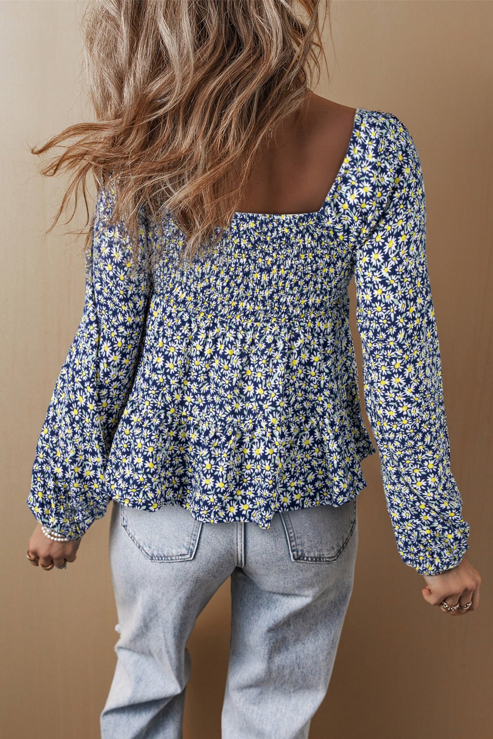 Blue Boho Floral Print Smocked Square Neck Loose Fit Blouse - Chaelisa's New Jammies