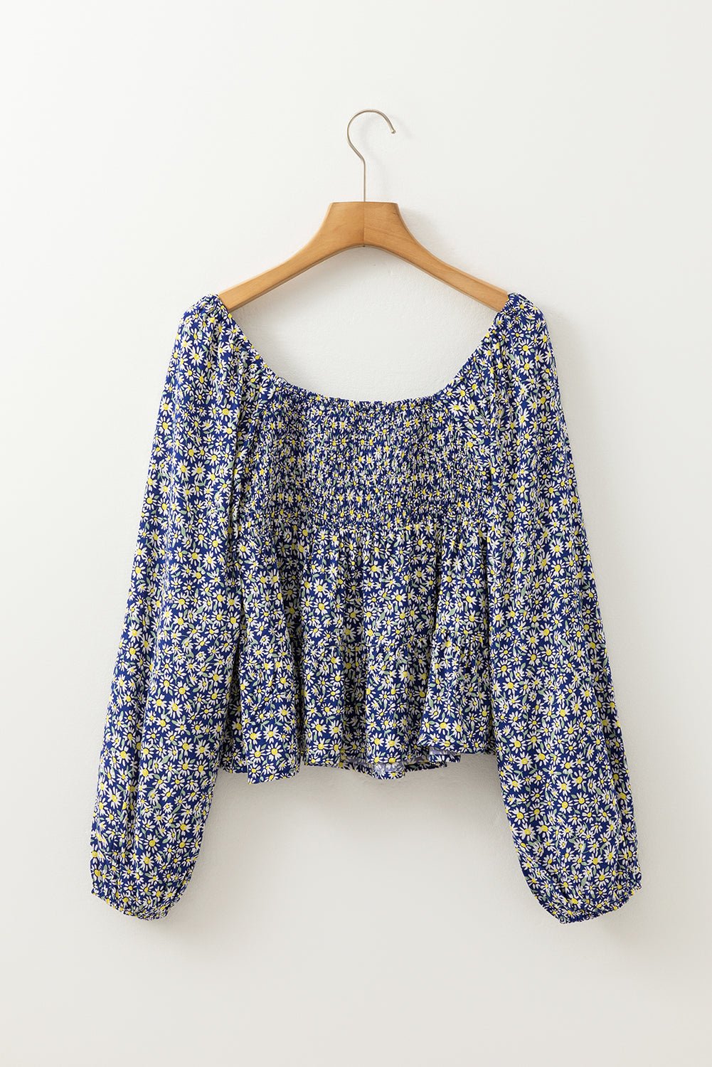 Blue Boho Floral Print Smocked Square Neck Loose Fit Blouse - Chaelisa's New Jammies