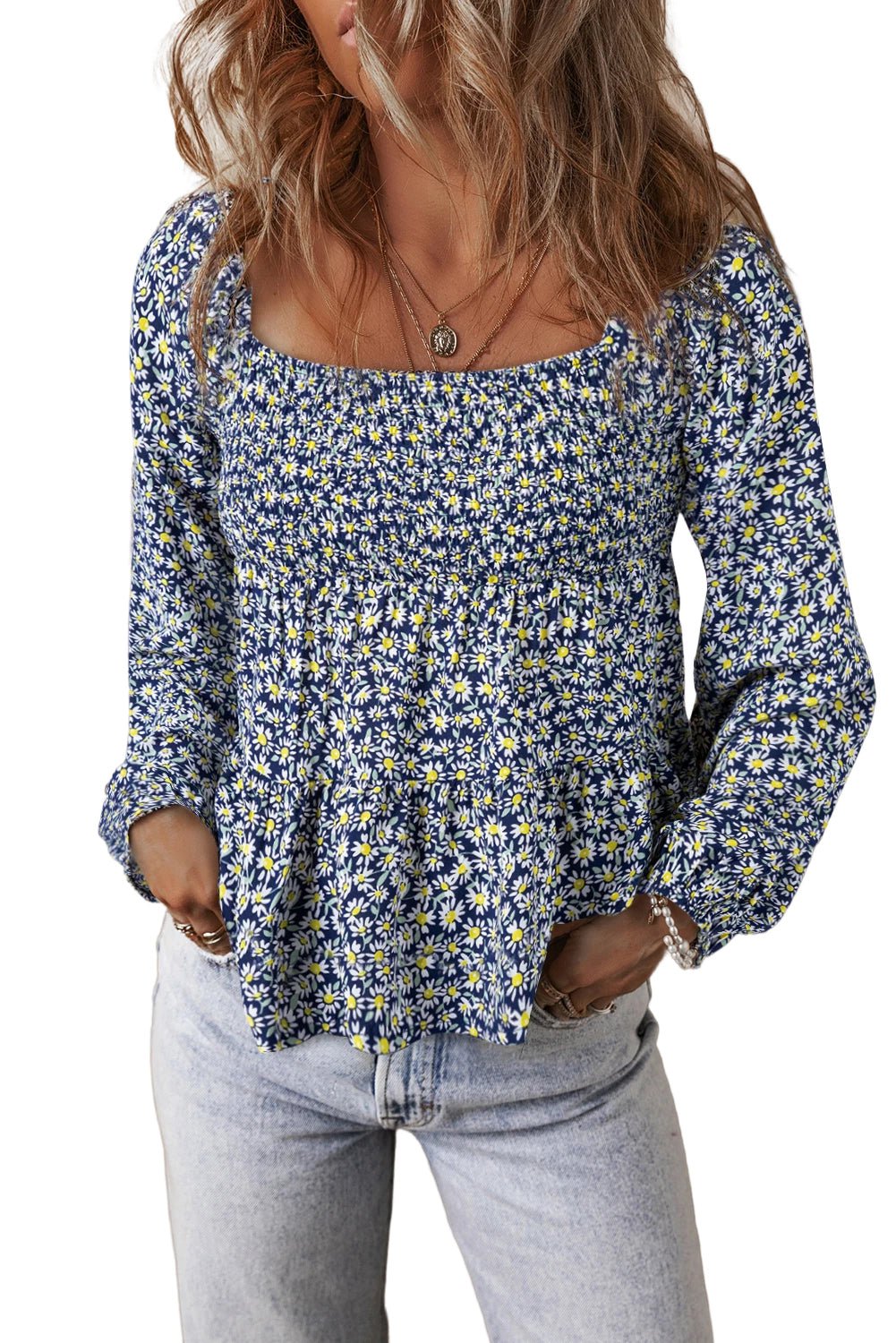 Blue Boho Floral Print Smocked Square Neck Loose Fit Blouse - Chaelisa's New Jammies