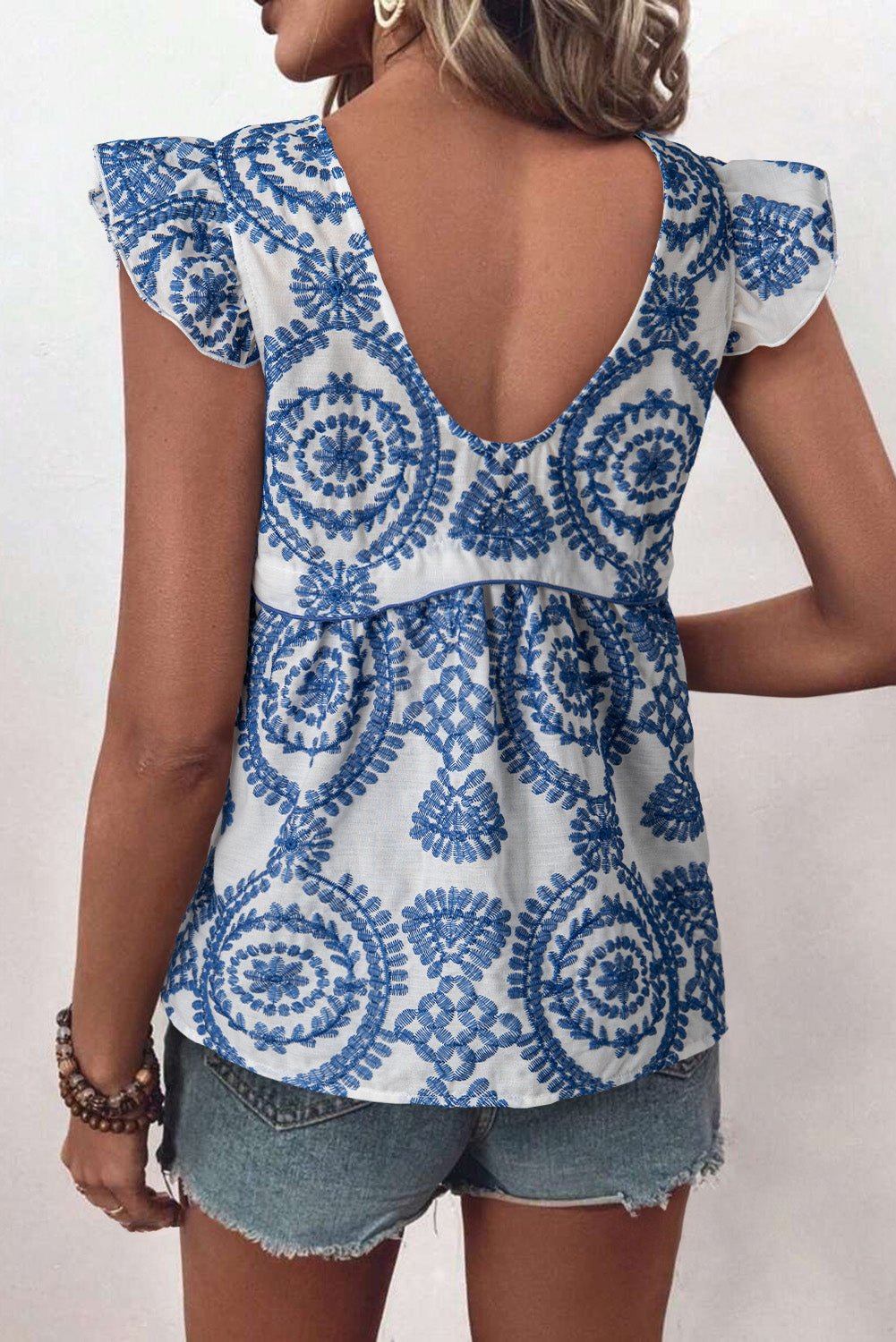 Blue Boho Print Flutter Sleeve Crew Neck Blouse - Chaelisa's New Jammies