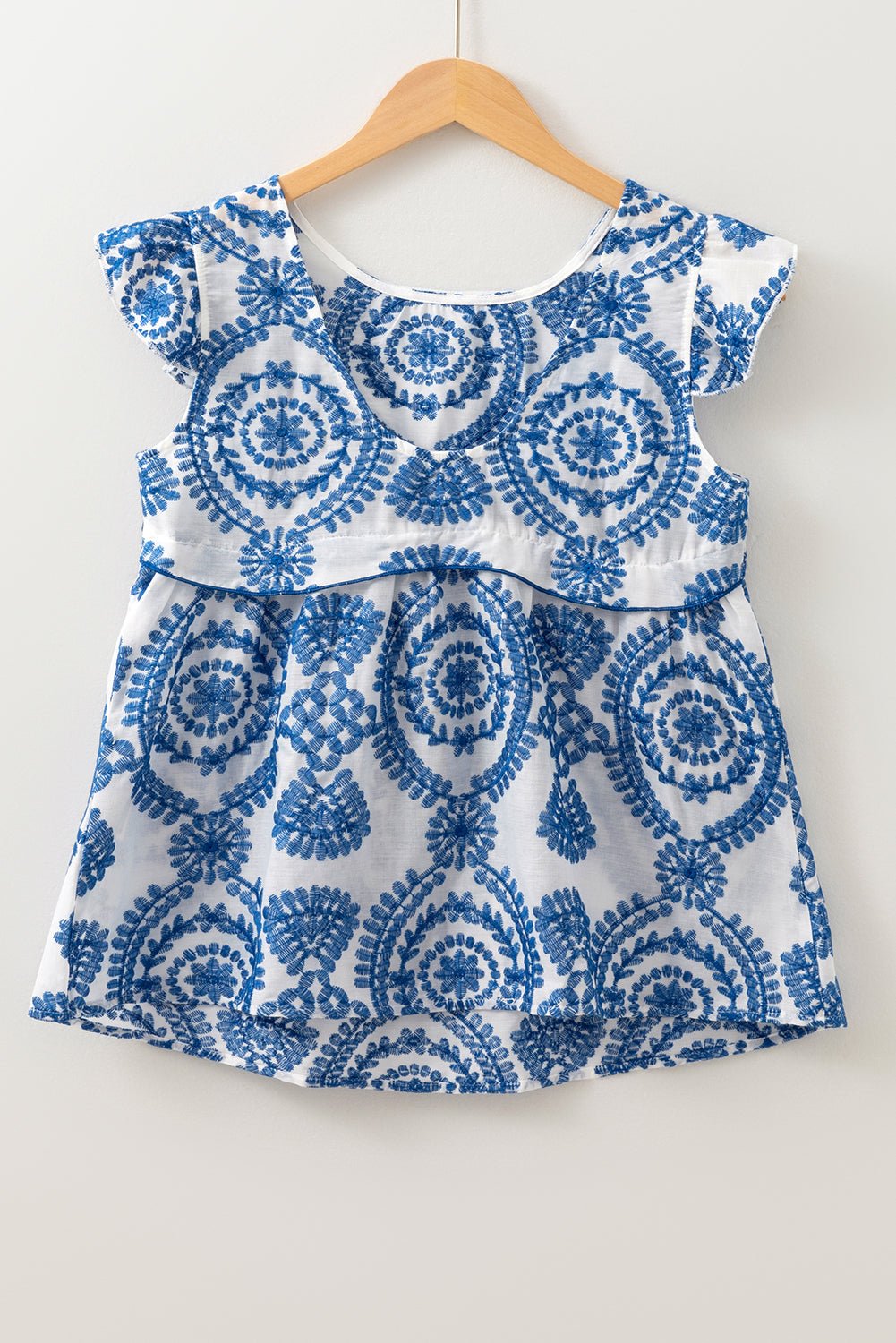 Blue Boho Print Flutter Sleeve Crew Neck Blouse - Chaelisa's New Jammies