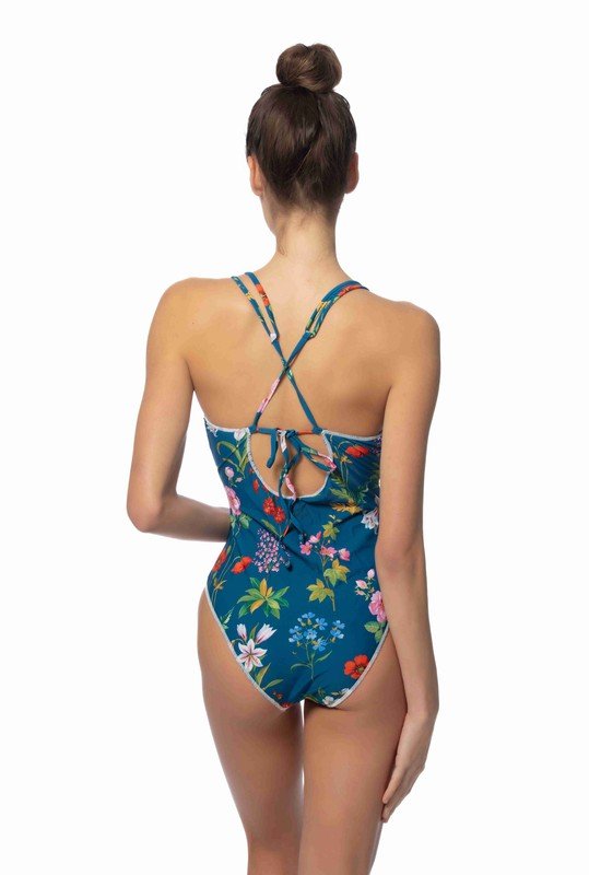 BLUE FLORAL ONE PIECE SWIMSUIT W/STITCHING DETAILS - Chaelisa's New Jammies