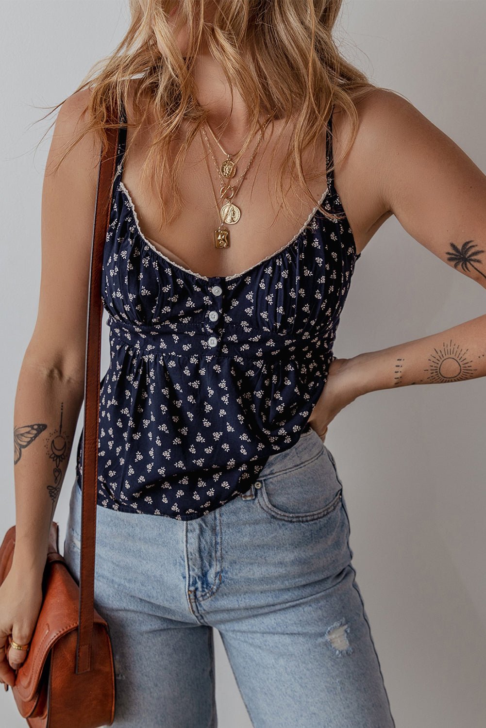 Blue Floral Print Spaghetti Strap Buttoned V Neck Tank Top - Chaelisa's New Jammies