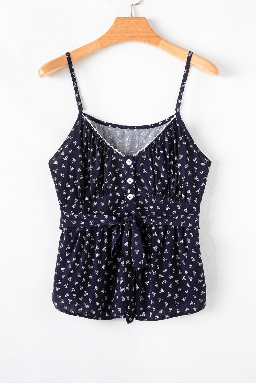 Blue Floral Print Spaghetti Strap Buttoned V Neck Tank Top - Chaelisa's New Jammies