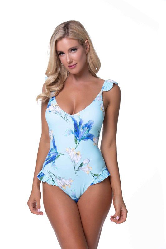 BLUE FLORAL RUFFLE TRIM ONE PIECE SWIMWEAR - Chaelisa's New Jammies
