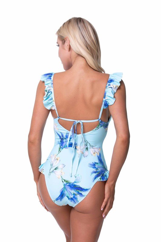 BLUE FLORAL RUFFLE TRIM ONE PIECE SWIMWEAR - Chaelisa's New Jammies