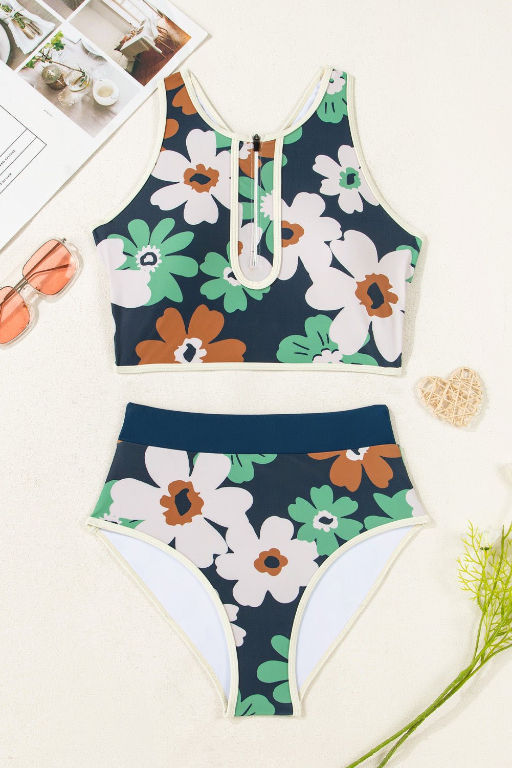 Blue Flower Zip up Racerback High Waisted Bikini - Chaelisa's New Jammies