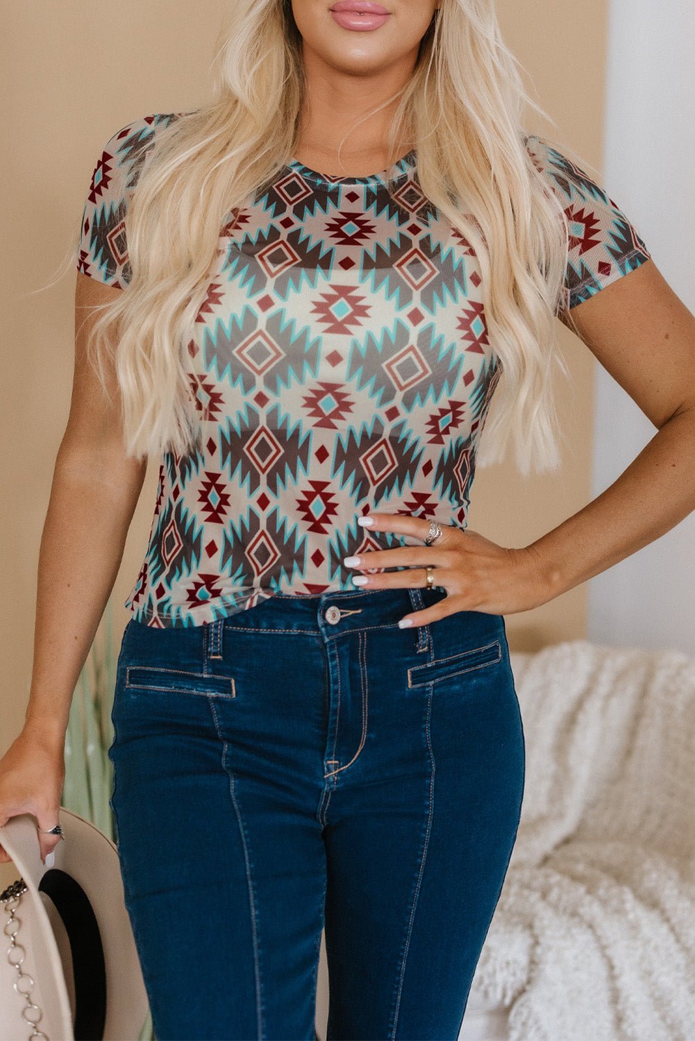 Blue Western Aztec Print Mesh Slim T Shirt - Chaelisa's New Jammies