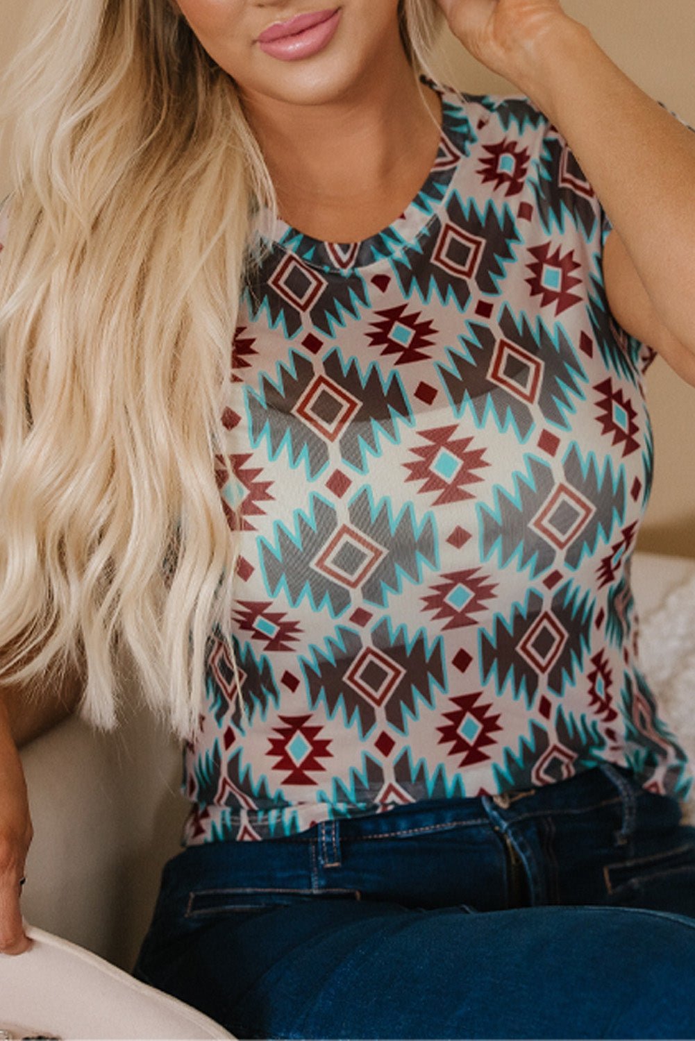 Blue Western Aztec Print Mesh Slim T Shirt - Chaelisa's New Jammies