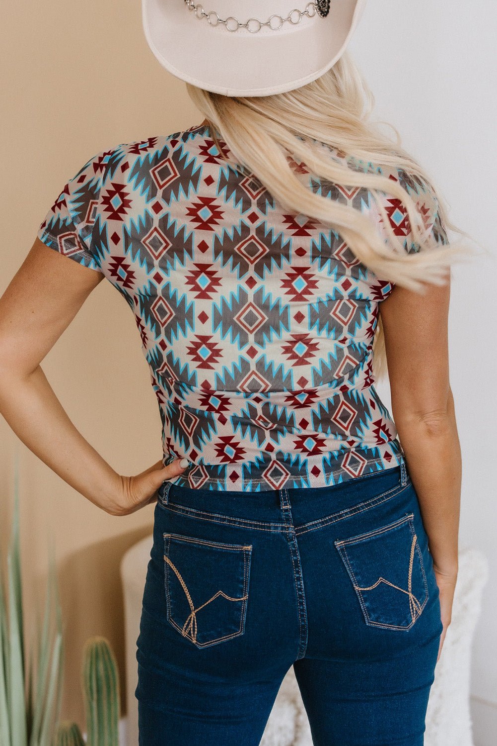 Blue Western Aztec Print Mesh Slim T Shirt - Chaelisa's New Jammies