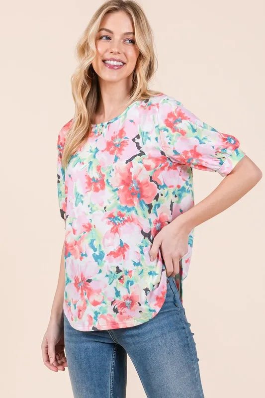 BOMBOM Floral Round Neck Puff Sleeve Top - Chaelisa's New Jammies