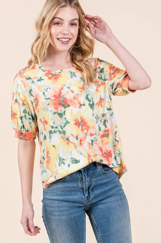 BOMBOM Floral Round Neck Puff Sleeve Top - Chaelisa's New Jammies