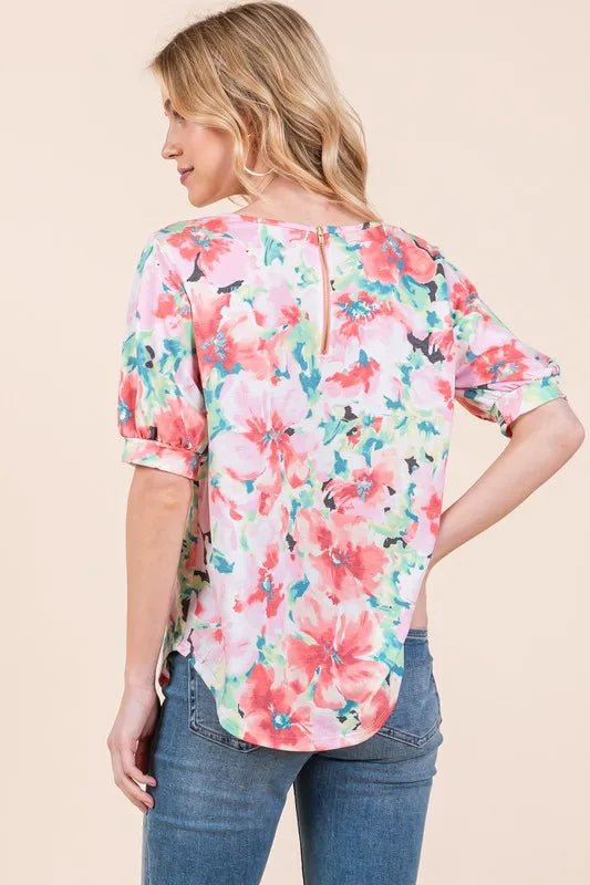 BOMBOM Floral Round Neck Puff Sleeve Top - Chaelisa's New Jammies