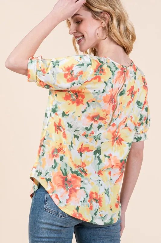 BOMBOM Floral Round Neck Puff Sleeve Top - Chaelisa's New Jammies