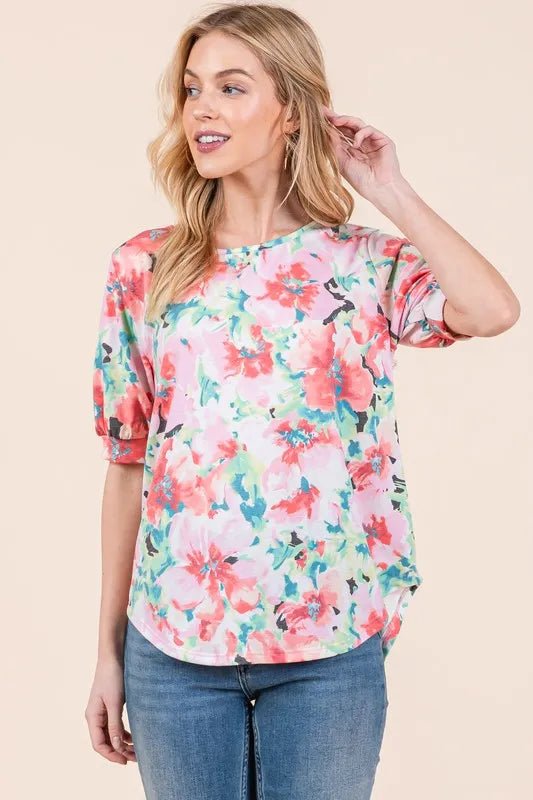 BOMBOM Floral Round Neck Puff Sleeve Top - Chaelisa's New Jammies