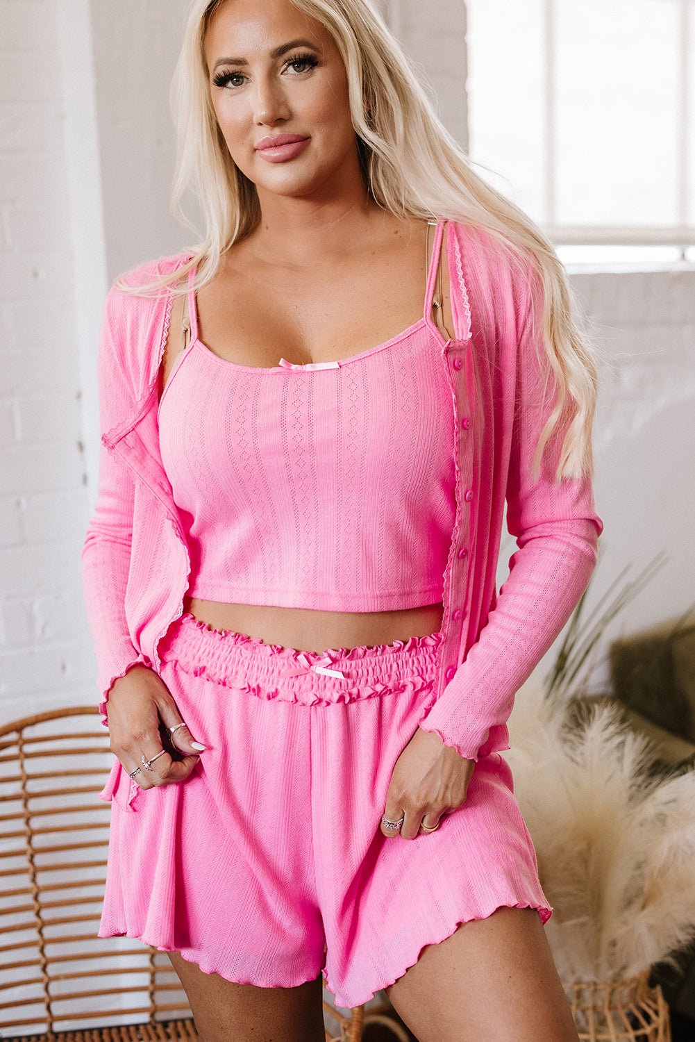 Bonbon Delicate Texture Cropped Cami Shorts and Cardigan 3pcs Lounge Set - Chaelisa's New Jammies