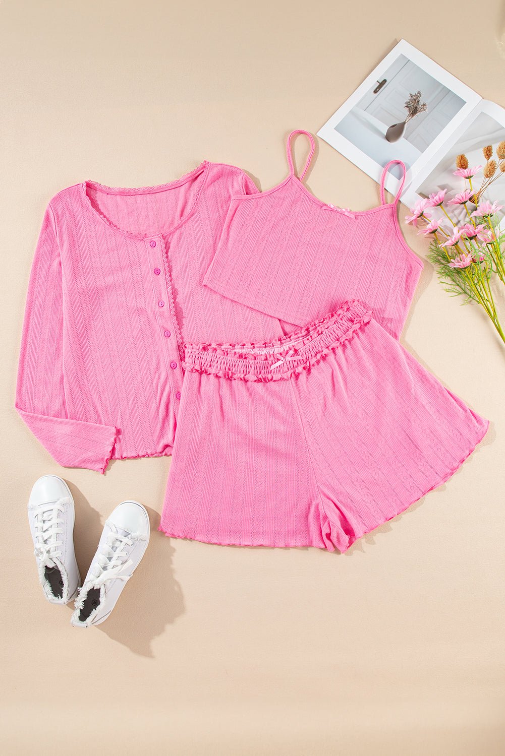 Bonbon Delicate Texture Cropped Cami Shorts and Cardigan 3pcs Lounge Set - Chaelisa's New Jammies