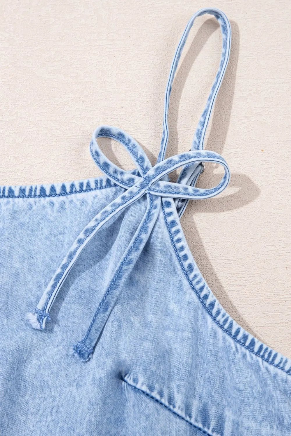 Bow Detail Spaghetti Straps Ruffle Hem Denim Dress - Chaelisa's New Jammies