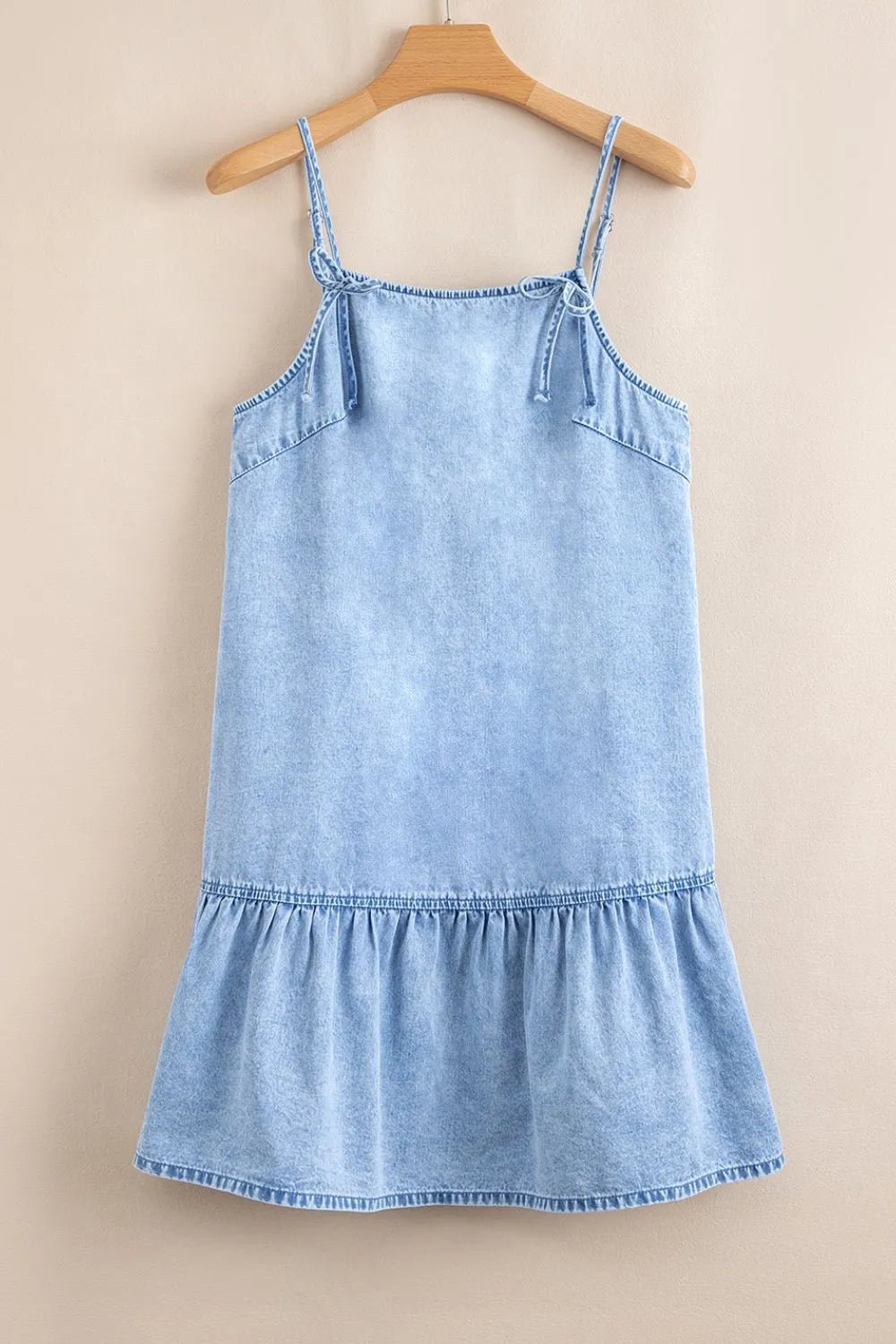Bow Detail Spaghetti Straps Ruffle Hem Denim Dress - Chaelisa's New Jammies