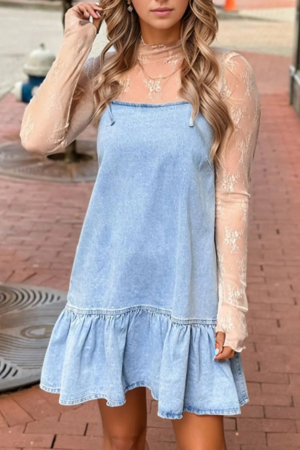 Bow Detail Spaghetti Straps Ruffle Hem Denim Dress - Chaelisa's New Jammies