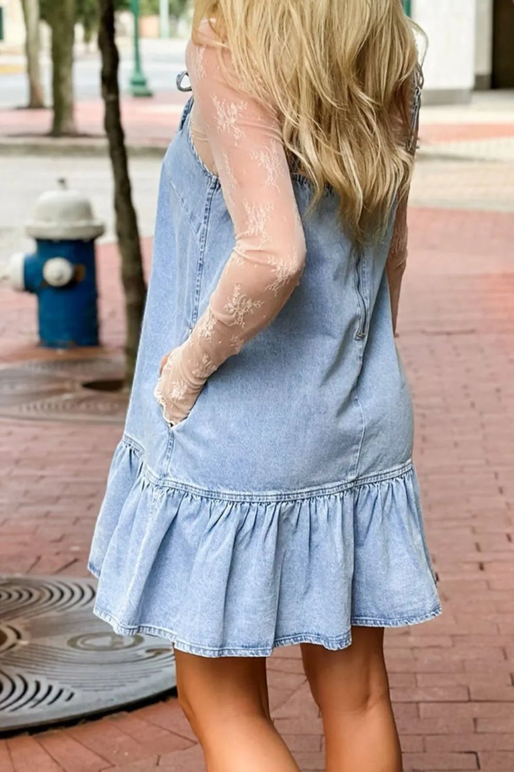 Bow Detail Spaghetti Straps Ruffle Hem Denim Dress - Chaelisa's New Jammies