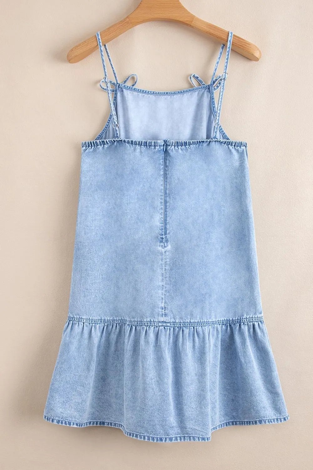 Bow Detail Spaghetti Straps Ruffle Hem Denim Dress - Chaelisa's New Jammies