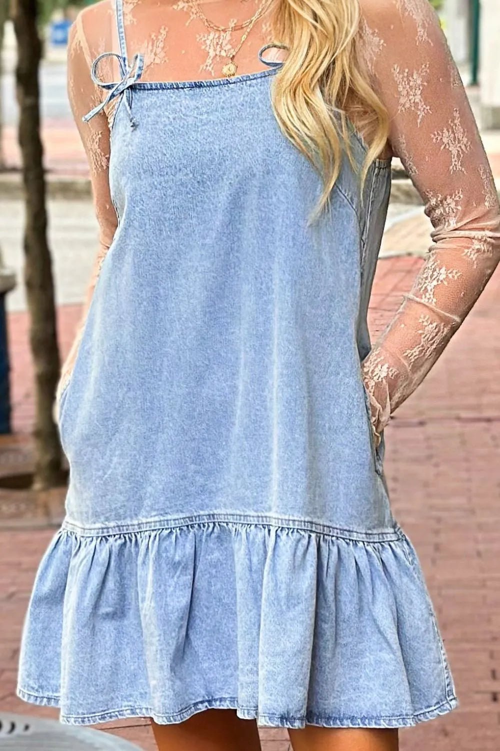 Bow Detail Spaghetti Straps Ruffle Hem Denim Dress - Chaelisa's New Jammies