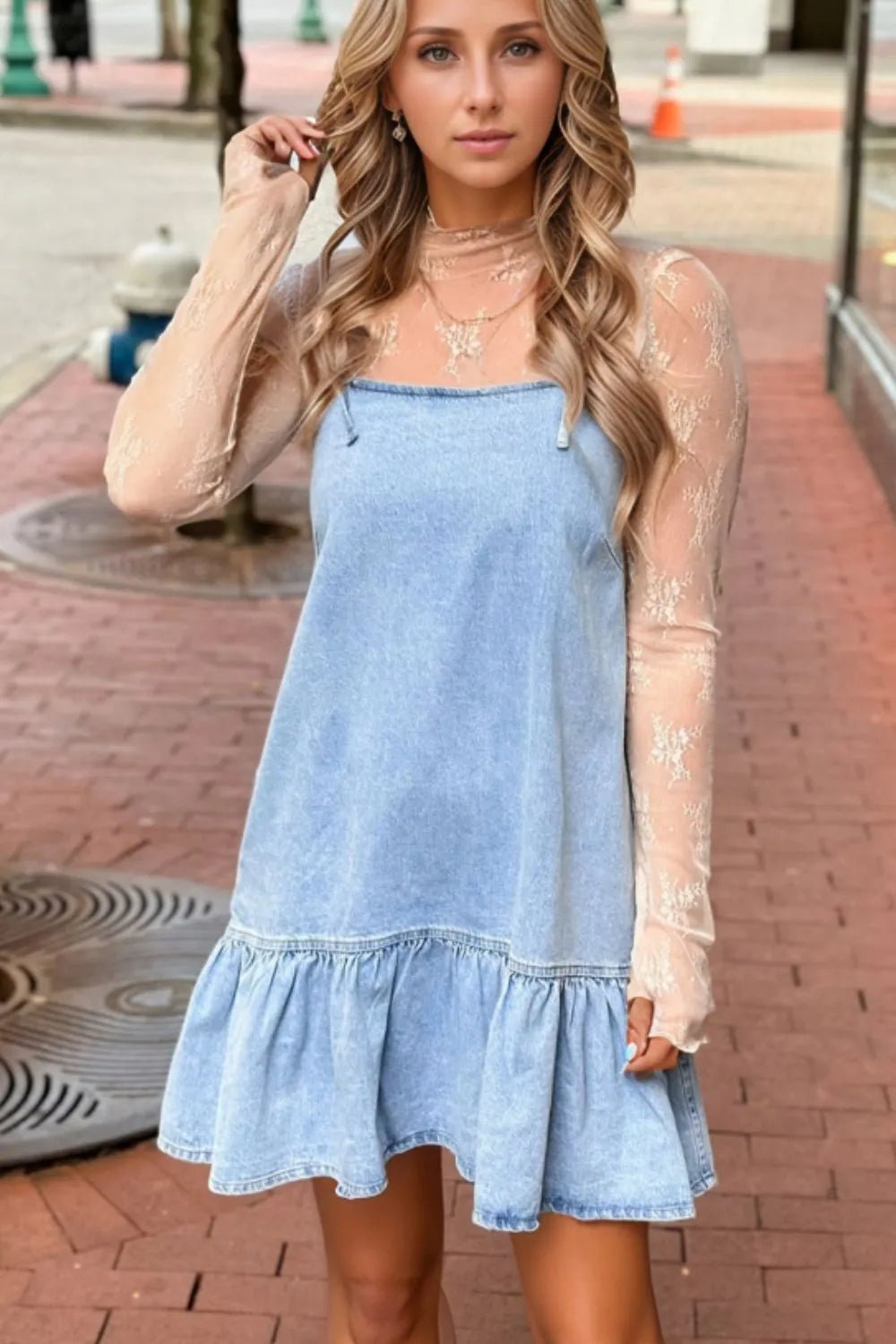 Bow Detail Spaghetti Straps Ruffle Hem Denim Dress - Chaelisa's New Jammies