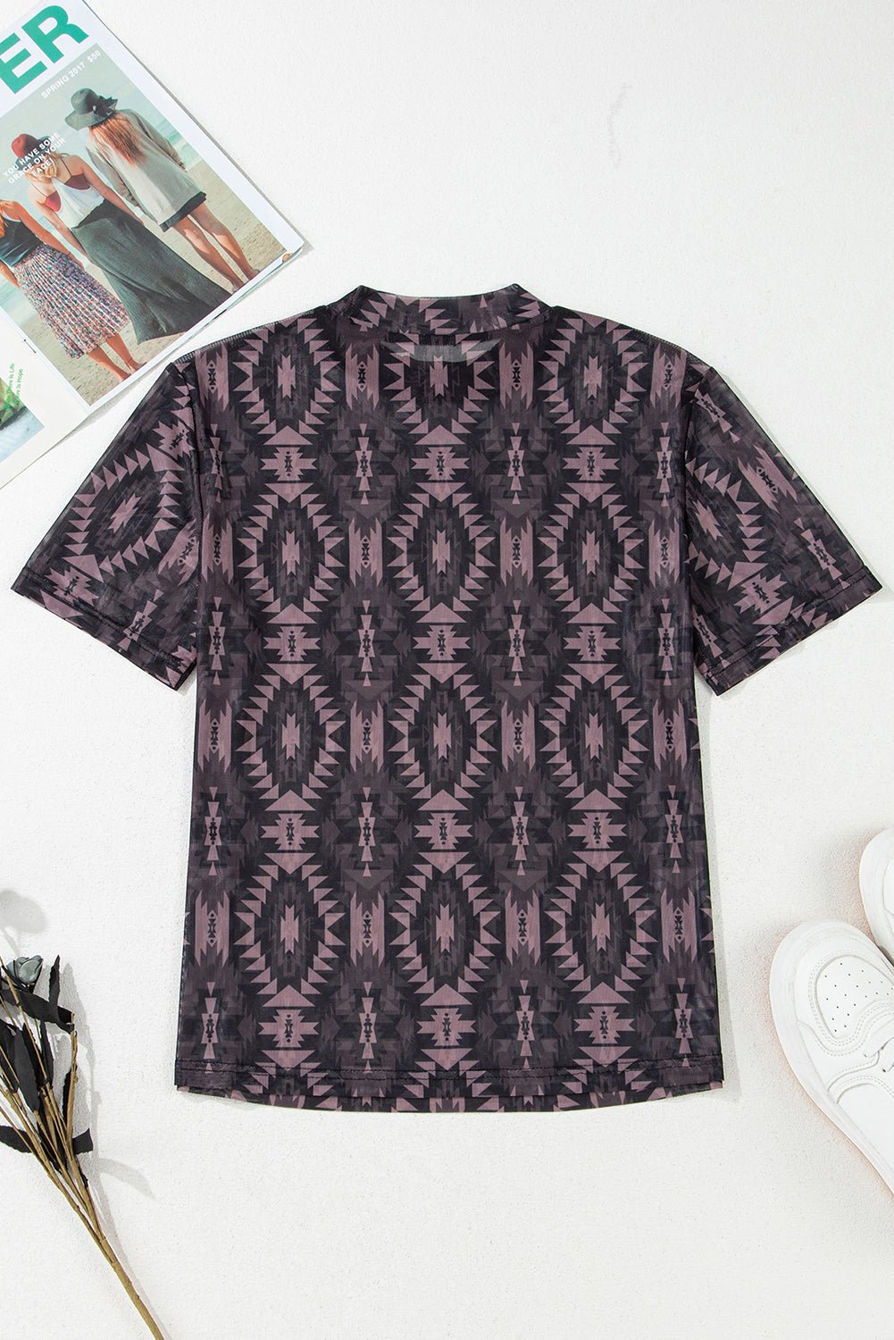 Brown Aztec Print Mock Neck Short Sleeve Mesh T Shirt - Chaelisa's New Jammies