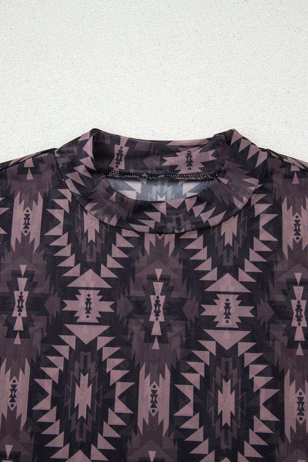 Brown Aztec Print Mock Neck Short Sleeve Mesh T Shirt - Chaelisa's New Jammies
