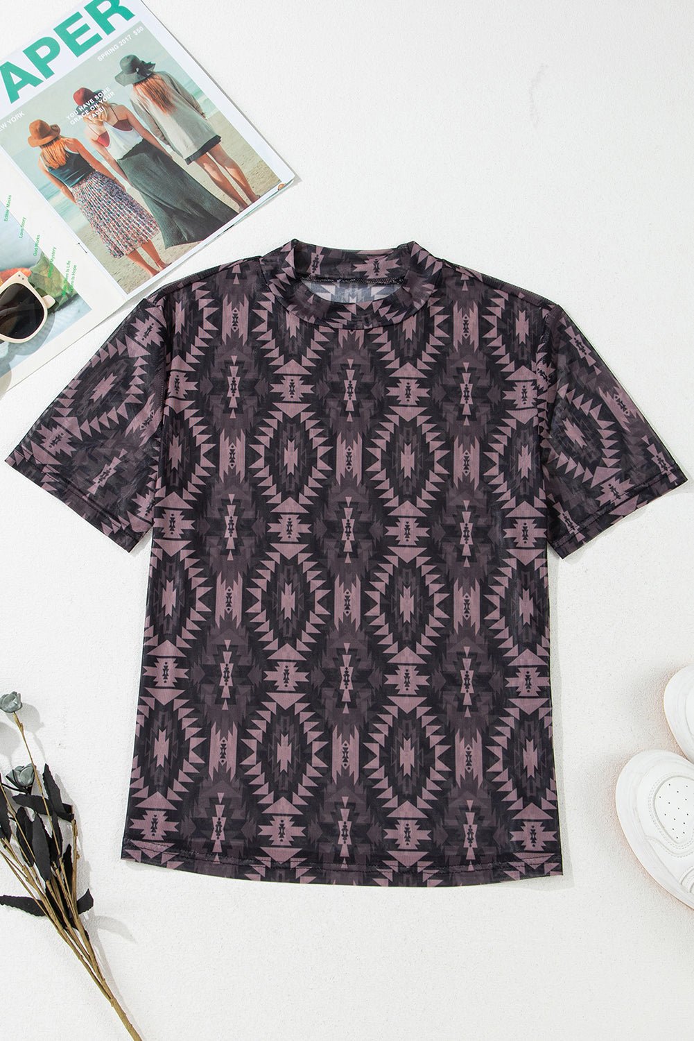 Brown Aztec Print Mock Neck Short Sleeve Mesh T Shirt - Chaelisa's New Jammies