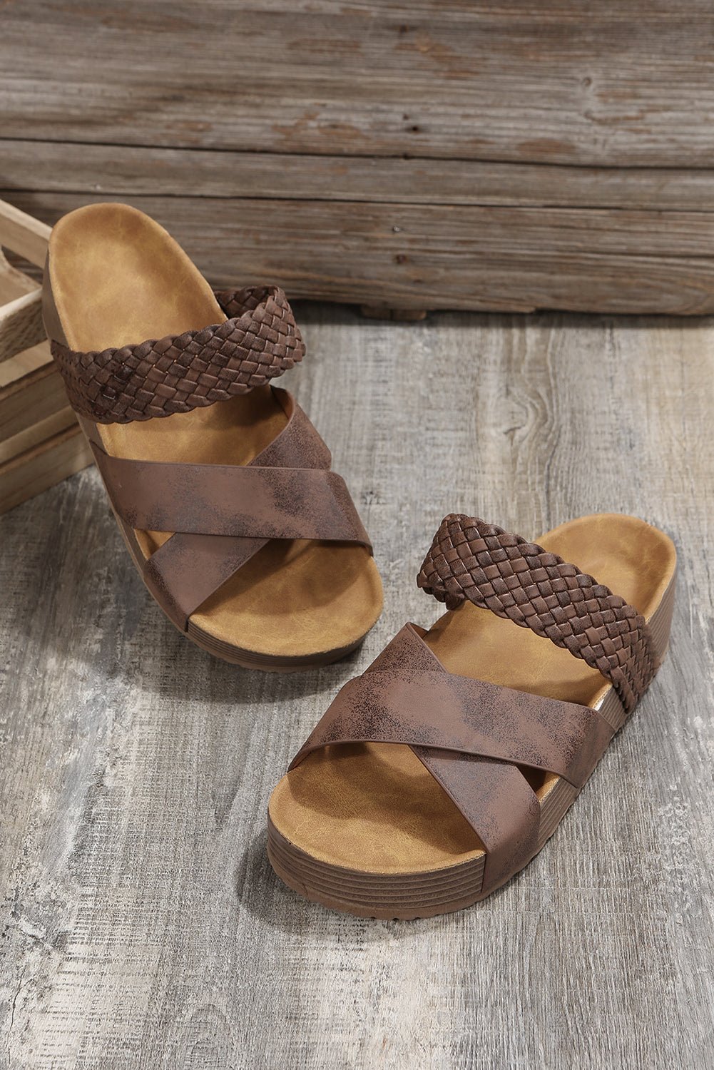 Brown Braided Detail Criss Cross Platform Slippers - Chaelisa's New Jammies