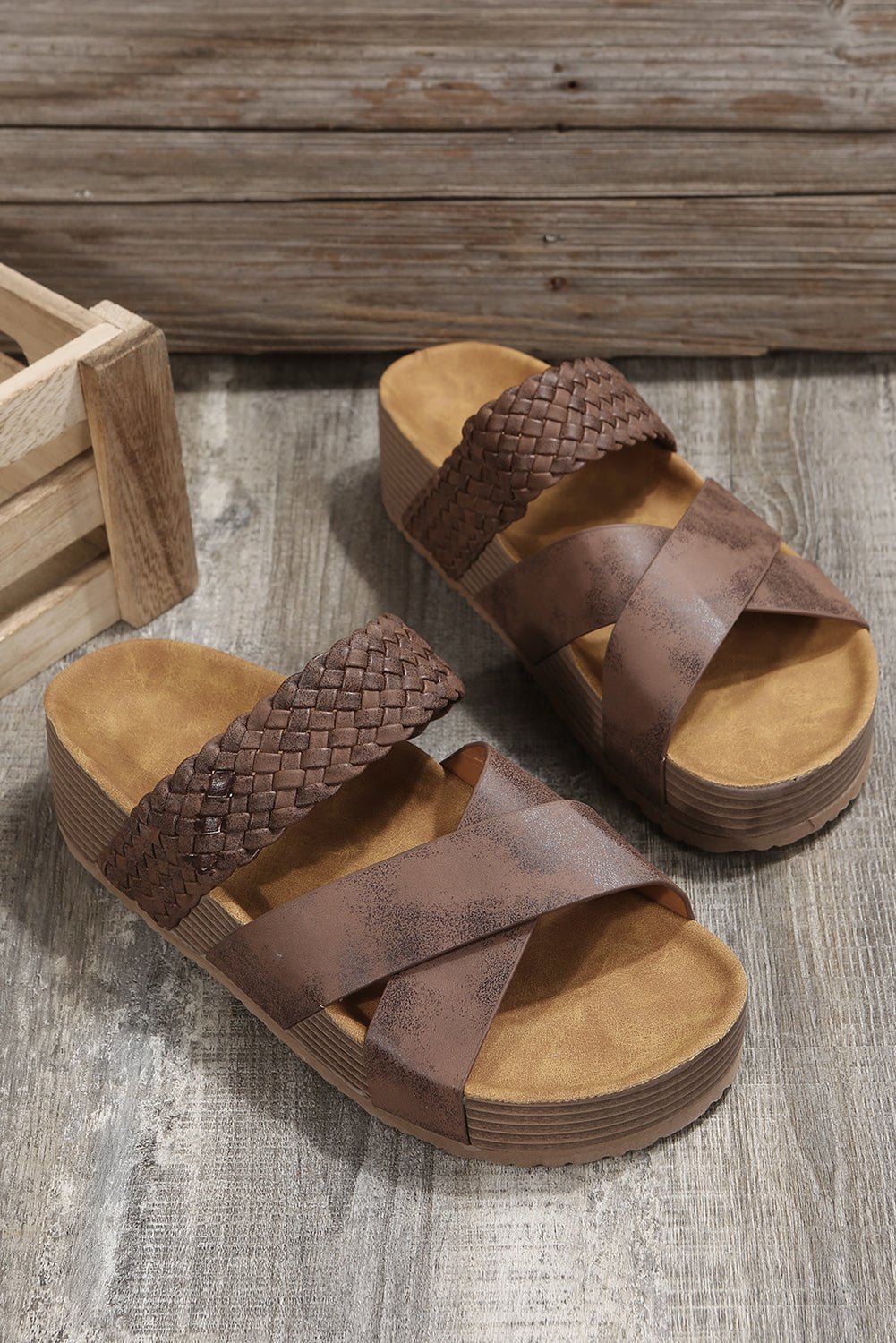 Brown Braided Detail Criss Cross Platform Slippers - Chaelisa's New Jammies