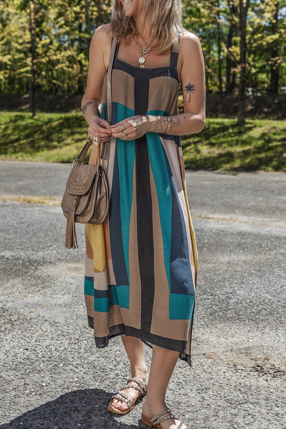 Brown Retro Geometric Printed Y Back Sleeveless Dress - Chaelisa's New Jammies