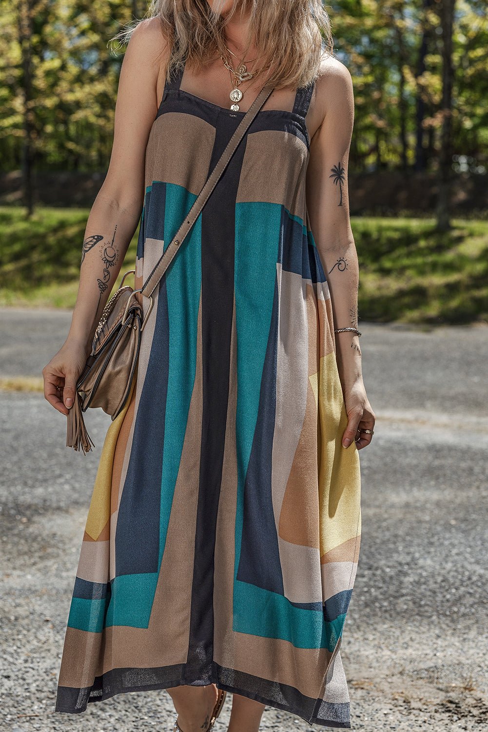 Brown Retro Geometric Printed Y Back Sleeveless Dress - Chaelisa's New Jammies