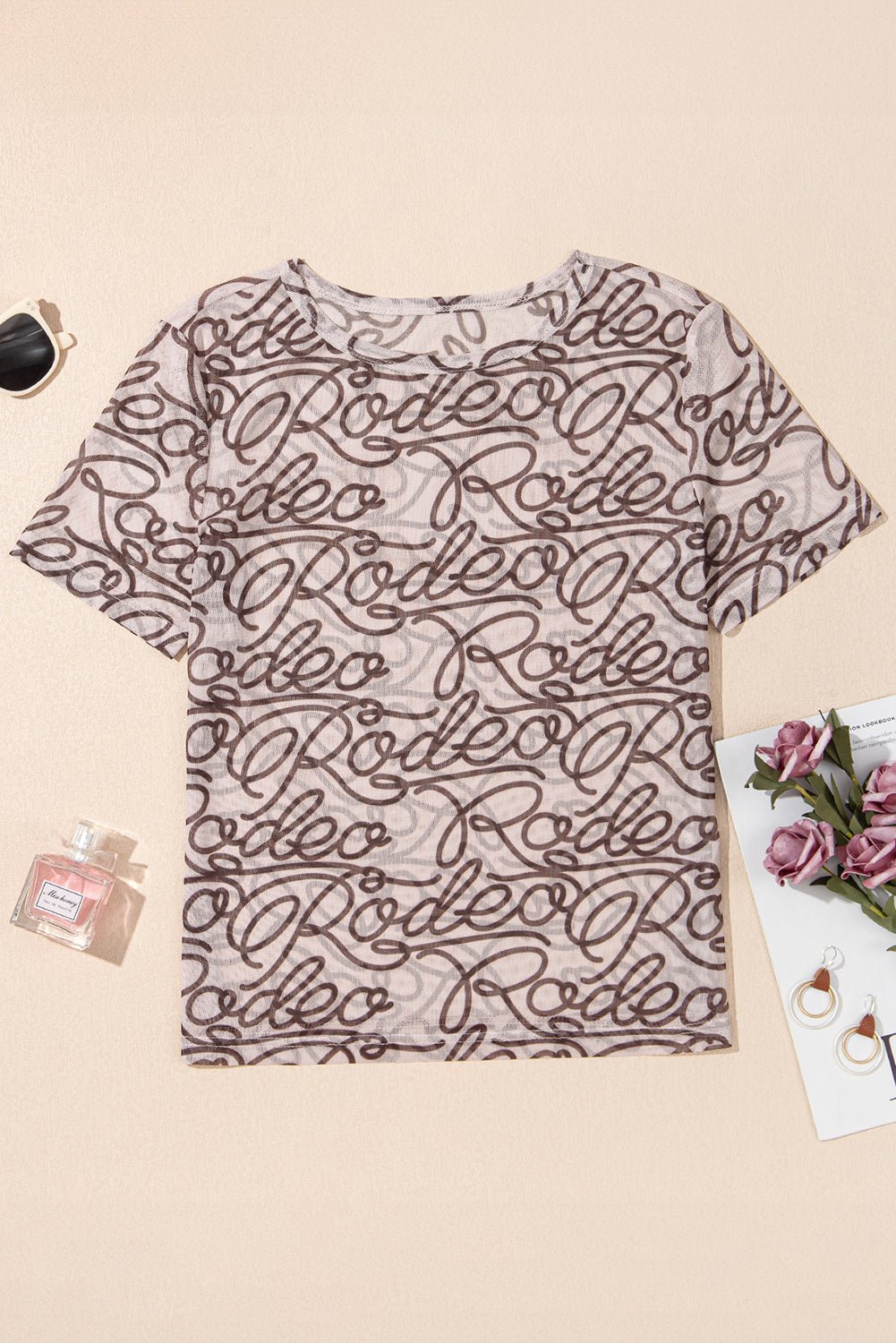 Brown Rodeo Print Round Neck Slim Fit Mesh T Shirt - Chaelisa's New Jammies