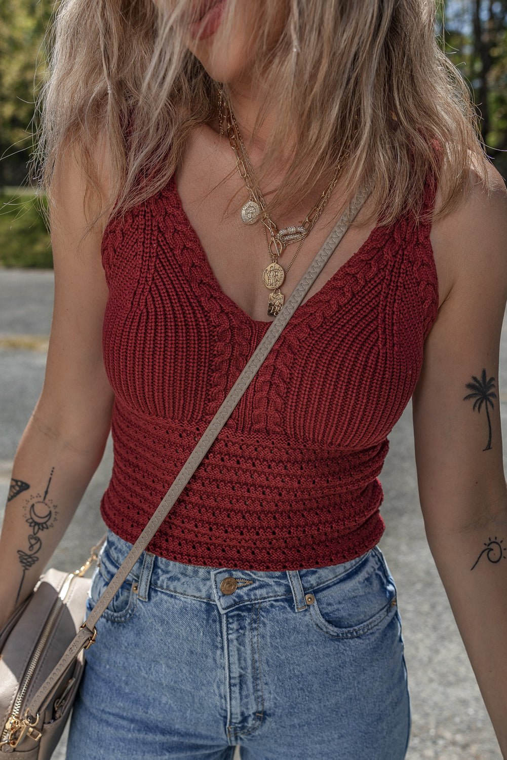 Burgundy Cable Knit Pointelle Slim Fit V Neck Sweater Vest - Chaelisa's New Jammies